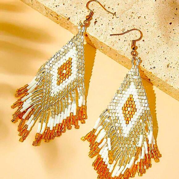 Handmade Beaded Boho Dangle Earrings Tribal Native Gold White - Picture 2 of 5